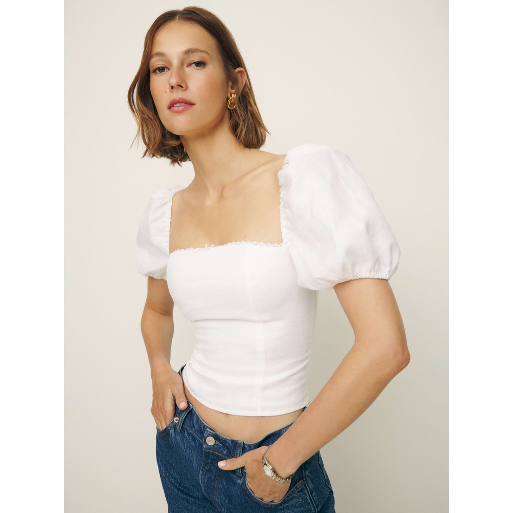 REFORMATION‎ Rory Linen Top Women 8 White Smocked Puff Sleeve Milkmaid Coquette